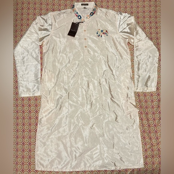 Hilo Design Men’s Embroidered Kurta | Pale Peach with Elephant Embroidery - Picture 3 of 16